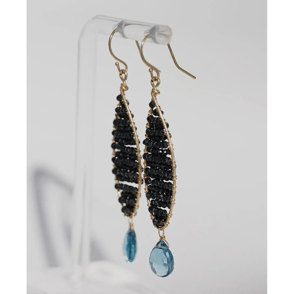 Mabel Chong Designer 14k Solid‎ Gold Black Spinel Blue Topaz Dangle Earrings